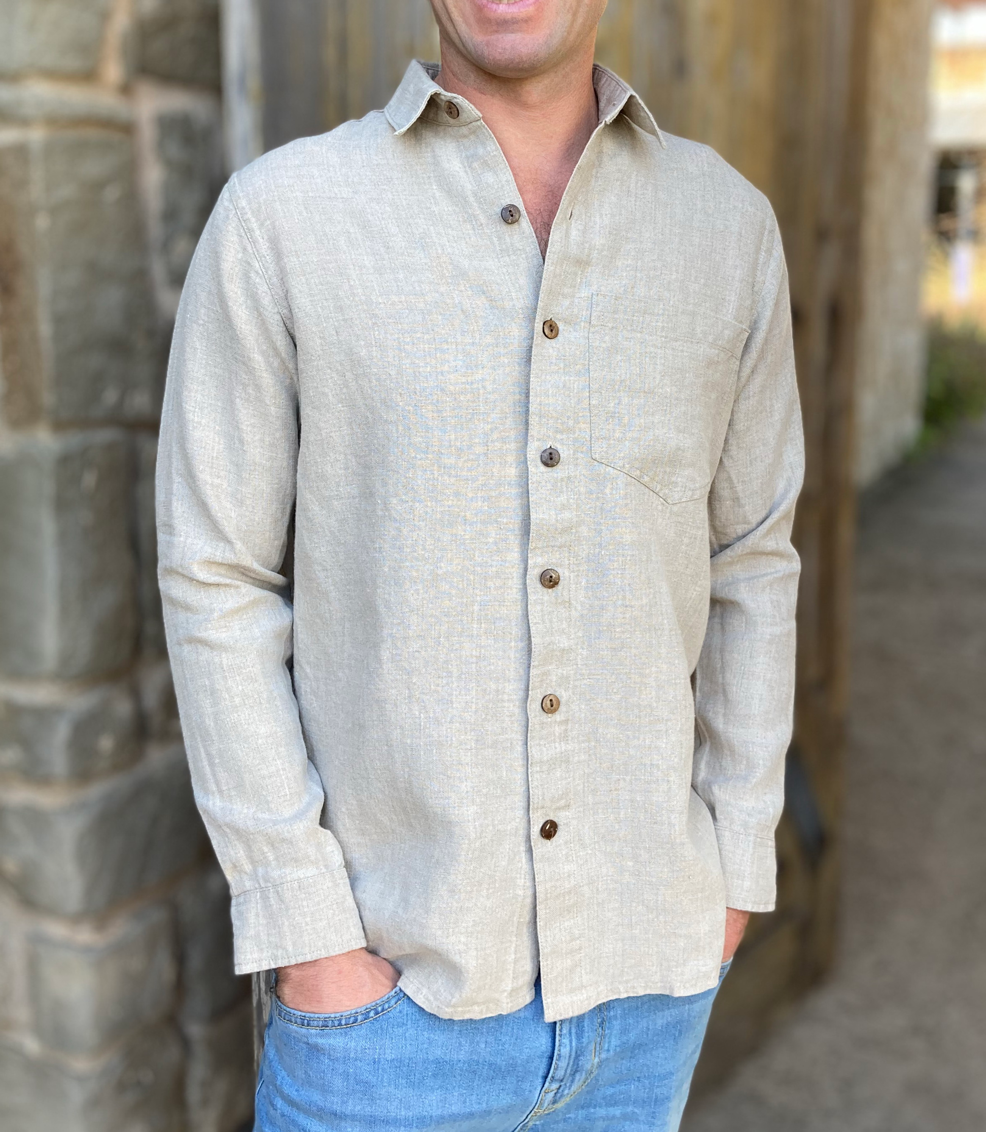 Button Down (beige flax linen) - The Transient Design does flax right.